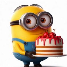 a minion holding a cake and looking at it