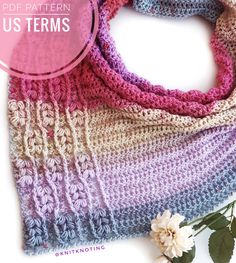 a crocheted scarf is shown with the text, free pattern us terms