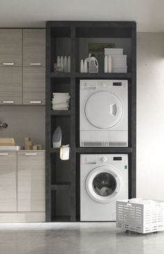 a washer and dryer in a room with cabinets