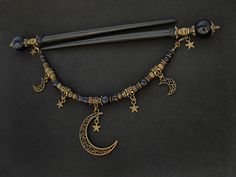 "Set of two beautiful hair sticks with blue goldstone (know also as sandstone / stellaria / night of Kairo) round beads in various sizes. Along with two hair sticks, there is a beautiful, long REMOVABLE pendant / chain - which gives you more possibilities to create beautiful up-do. Chain is decorated with moons and stars. If you're not currently into connected hair sticks, you can simply take off the pendant. * Total length: 17,6cm / 6,9\" * Usable length: 13,5cm / 5,3\" * Pendant length: 19,5cm Wooden Hair Sticks, Japanese Kanzashi, Pelo Anime, Chopstick Hair, Moons And Stars, Witch Diy, Japanese Hairstyle, Witchy Jewelry, Blue Goldstone