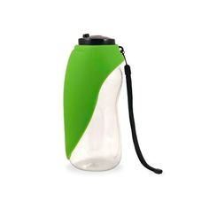 a green and white water bottle with a black strap