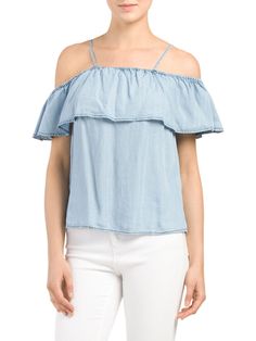 product description adjustable shoulder straps cold shoulder sleeve, off the shoulder model's height is 5ft 9in., wearing size s tencel imported hand wash Chambray Top, Summer Outfit, Shoulder Sleeve, Chambray, Shoulder Straps, Cold Shoulder, Off The Shoulder, Open Shoulder Tops, Summer Outfits