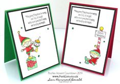 two christmas cards with an elf holding a present