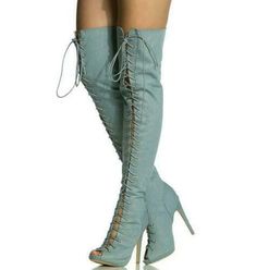 Top Rated Sexy denim fashion boots straps show boots womens peeptoe jeans-boots lace up, Womens Boots Open Toe Thigh High Boots, Light Blue Shoes, Open Toe Boots, Peep Toe Boots, Platform Heels Boots, Thigh High Boots Heels, Funky Shoes, Beautiful Heels, Patterned Jeans