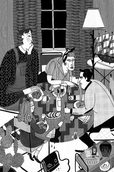 a black and white drawing of people sitting at a table with food in front of them