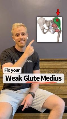 a man sitting on top of a wooden bench pointing to the side with text overlay that reads fix your weak glute medius