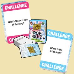 two cards with the words pop quiz and challenge written on them, next to each other