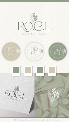 the logo for roel cosmetics is shown in three different colors and font options, including green