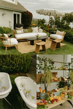 an outdoor living area with furniture and plants on the lawn, in front of a house