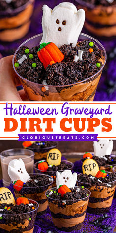 Easy Halloween treat to make! This Halloween Graveyard Dirt Cups recipe features a pudding dirt cup dessert with fun Halloween candies and cookies decorated to look like tombstones. Make this Halloween party idea perfect for a spooky treat! Halloween Dirt Pudding, Pudding Dirt, Dirt Cups Dessert, Dirt Pudding Recipes, Dirt Cups Recipe, Deli Salads, Graveyard Dirt, Dirt Dessert, Halloween Themed Desserts