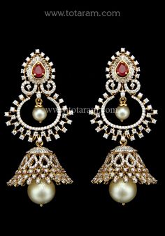 18 Karat Gold '4 in 1' Detachable Diamond Jhumkas - Diamond Dangle Earrings with Color Stones & Pearls
  This product has Inter Changeable Stones in the Earrings
  Width of the Jhumka : 1.05 inches
   Note: Only front side has Diamonds as shown in the picture, the back part of the Jhumka which is not visible from the front is only Gold without Diamonds
   - 235-DER1455 - in 32.100 Grams for USD $5080.88. 
Made in India by Totaram Jewelers Online this product is in Gold - 18 Karat Gold  & Diamond Jhumkas, Color Stones, Diamond Dangle Earrings, Stone Color, 18k Gold, Dangle Earrings, Drop Earrings, India, Stone