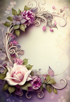 a floral frame with pink flowers and green leaves on a light purple background is the centerpiece for this image