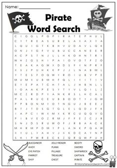 the pirate word search is shown in this printable worksheet for children to learn