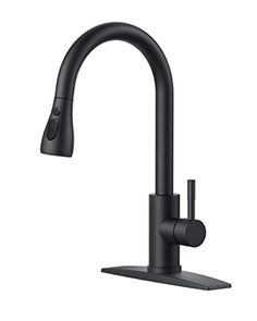 the black kitchen faucet is shown on a white background