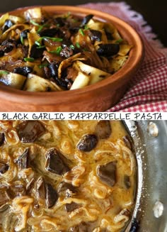 this is an image of black garlic appetizer with pasta and mushrooms in it