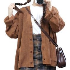 Buy Little Cuke Knit Cardigan at YesStyle.com! Quality products at remarkable prices. FREE Worldwide Shipping available! Fashion Pic, Cardigan Outfit, Grunge Look, Caroline Forbes, Korean Fashion Trends, Plaid Skirt, 가을 패션, Looks Style, Pastel Goth