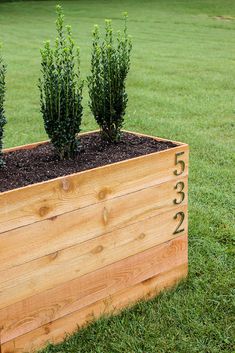 a wooden planter filled with green plants on top of a lush green park field