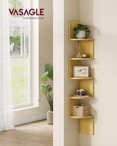 the corner shelf is made from wood and has three shelves on each side, along with plants