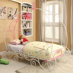 Enchant CM7705 Bed By Furniture Of AmericaBy sofafair.com Kids Princess Bed, Skoolie Interior, Cinderella Bed, Carriage Bed, Twin Canopy Bed, Metal Twin Bed, Princess Bedding Set, Metal Canopy Bed, Bed Metal