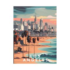 an image of the los angeles skyline with palm trees on the beach in front of it