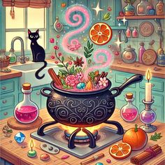 a painting of a cooking pot on a stove with a cat sitting in the background