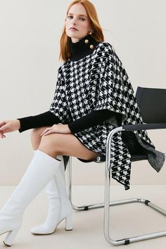 Style: Jacketdesign: Houndstoothfabric: Jacquardlength: Regularneckline: High Necksleeve Length: Short Sleeve Knitted Cape, Karen Millen, Fashion Face, Cape, Bell Sleeve Top, Trim, Knitting, Women's Top