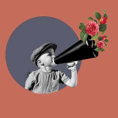 a young boy holding a black megaphone with red flowers on it and an orange background