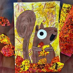 a painting of a squirrel with autumn leaves around it