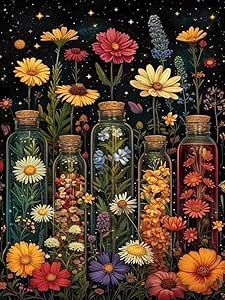 a painting of flowers and bottles with stars in the sky behind them on a black background