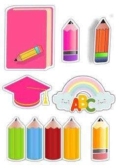 various stickers with different types of pencils and books on the top one has an abc