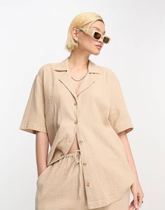 ASOS DESIGN cheesecloth bowling shirt in stone - part of a set | ASOS Beige Collared Summer Set, Beige Collared Sets For Summer, Summer Beige Collared Set, Casual Beige Collared Set, Beige Relaxed Fit Summer Sets, Co Ord Sets Pants, Bowling Shirt, Revere Collar, Bowling Shirts