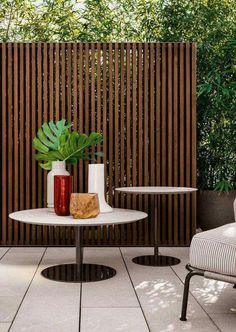 two chairs and a table in front of a wooden wall with plants on it,