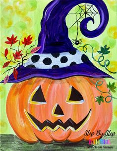 an acrylic painting of a pumpkin with a witch's hat on top