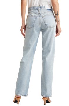 A high waist and a full-length inseam underscore the '90s-inspired style of these stylishly loose nonstretch jeans. 32" inseam; 17" leg opening; 12 1/2" front rise; 15" back rise (size 29) Button fly Five-pocket style 100% cotton Machine wash, tumble dry Made in Turkey Women's Clothing Classic High Rise Flare Jeans In Rigid Denim, High Rise Relaxed Fit Flare Jeans In Rigid Denim, Trendy Bottoms In Rigid Denim With Standard Cut Leg, High Rise Relaxed Fit Flare Jeans, Full Length Rigid Denim Flare Jeans With Frayed Hem, High Rise Light Wash Rigid Denim Flare Jeans, Straight Leg Rigid Denim Bottoms With Frayed Hem, Straight Rigid Denim Bottoms With Frayed Hem, Fitted Wide Leg Cropped Jeans In Rigid Denim