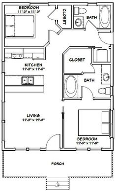 the floor plan for a two bedroom, one bath apartment with an attached bathroom and living room