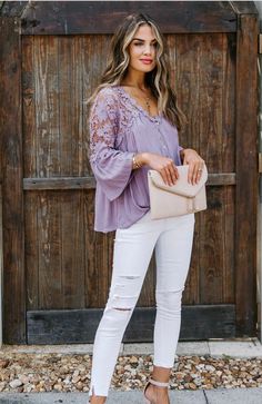 Elevate your style in our Aubrina Crochet Lace Blouse! This unique antique lilac colored blouse has crochet lace shoulders and upper arms married with a billowy construction. 3/4 sleeves with a relaxed fit throughout. Finished with a button closure at the neckline. True to size Hand wash Shirt Patterns For Women, Crochet Lace Blouse, Lilac Color, Crochet Top Pattern, Lace Blouse, Shirt Pattern, Crochet Lace, Granny Square, Crochet Top