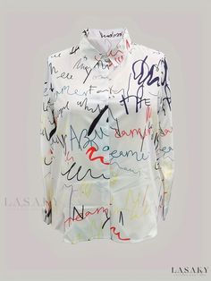 Lasaky - Plus Size Womens Casual Blouse: Graffiti Print, Long Sleeve, Button Up Lapel Collar Shirt Top Spring Office Shirt With Graphic Print, White Graphic Print Button-up Blouse, White Button-up Blouse With Graphic Print, Multicolor Office Shirt For Spring, Casual Multicolor Office Blouse, Elegant Multicolor Tops With Graphic Print, Spring Multicolor Office Shirt, Elegant Multicolor Graphic Print Top, Spring Office Multicolor Shirt