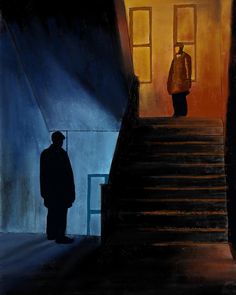 a painting of a man standing at the top of stairs in front of an open door