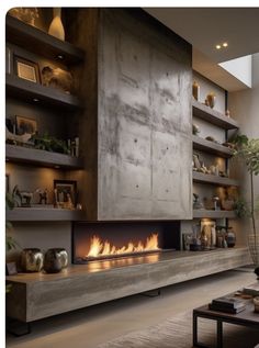 a living room filled with furniture and a fire place next to a wall mounted fireplace