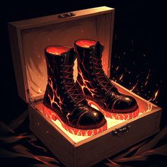 a pair of black boots sitting inside of a box on top of a floor covered in fire