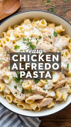 chicken alfredo pasta in a white bowl with parsley on top and the title overlay reads easy chicken alfredo pasta