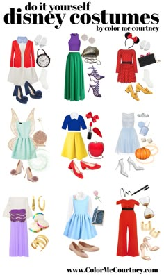 an image of disney costumes that are in different colors and sizes, with the names on them