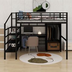 a loft bed with a desk underneath it in a room that has hardwood floors and white walls