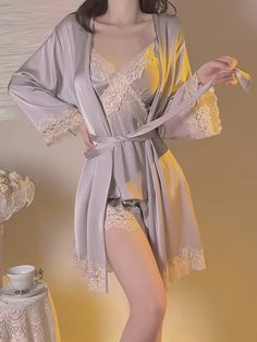 Ice silk lace pajamas
Composition: Main fabric: 96.7% polyester fiber 3.3% spandex
Lace: 92.5% nylon 7.5% spandex




Short set Size/cm


Top Length


Top Bust 


Short Length 


Short Waist 


Fit weight




M


45.5


74-102


25


63-100


40-55kg




L


46.5


80-108


26


67-106


50-65kg




XL


47.5


88-116


27


72-112


60-75kg








Pants set Size/cm


Top Length


Top Bust 


Pants Length 


Pants Waist 


Fit weight




M


46


74-102


94


63-100


40-55kg




L


47


80-1 Pajamas Women Aesthetic, Robe Pajamas, Lace Pajamas, Matching Robes, Sleepwear Fashion, Purple Style, Comfortable Shorts, Silk Lace, Shorts Pants