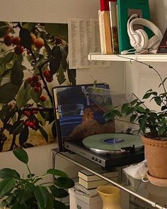 a record player sitting on top of a shelf next to a potted plant and books