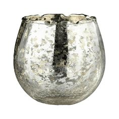 a silver vase with black and white designs on the rim, sitting in front of a white background