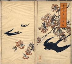 an open book with flowers and birds on it's cover, in the style of japanese painting