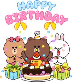 three teddy bears are standing around a birthday cake