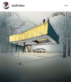 a drawing of a car under a yellow structure with people standing on the top floor