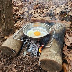 an egg frying on top of a metal pan over a fire in the woods